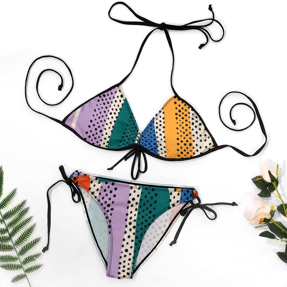 Women's Striped Bikini Set Multicolor Vertical Lines and Polka Dots with Tie Side Bottoms
