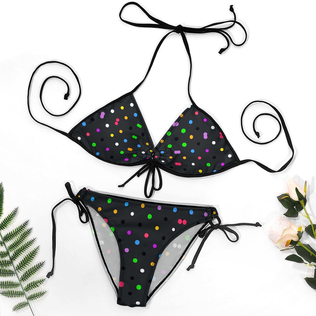 Women's Colorful Polka Dot Bikini Set Black Base with Tie Side Bottoms