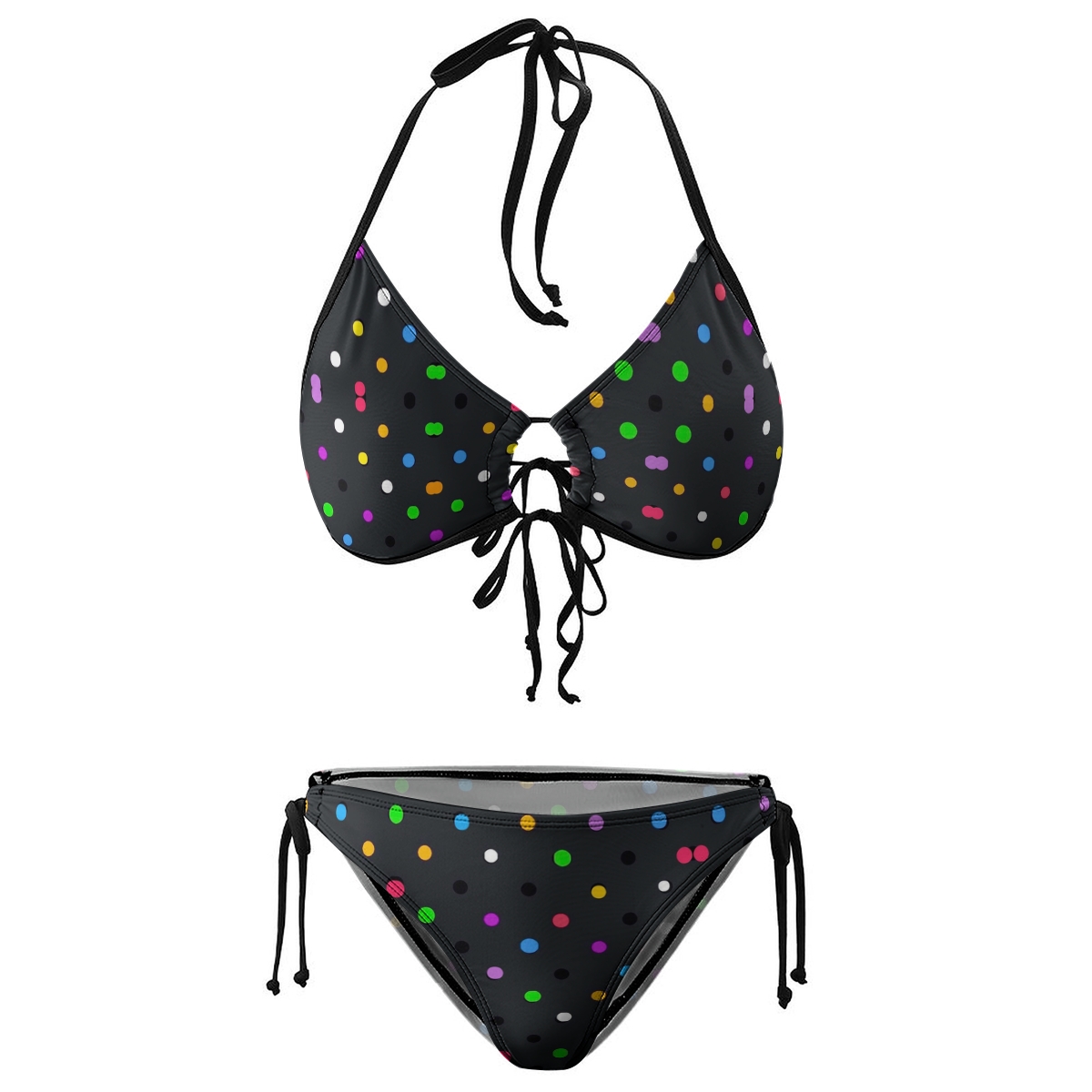 Women's Colorful Polka Dot Bikini Set Black Base with Tie Side Bottoms