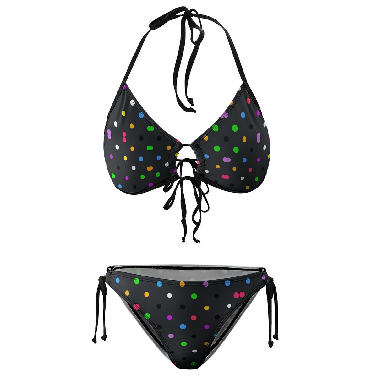 Women's Colorful Polka Dot Bikini Set Black Base with Tie Side Bottoms