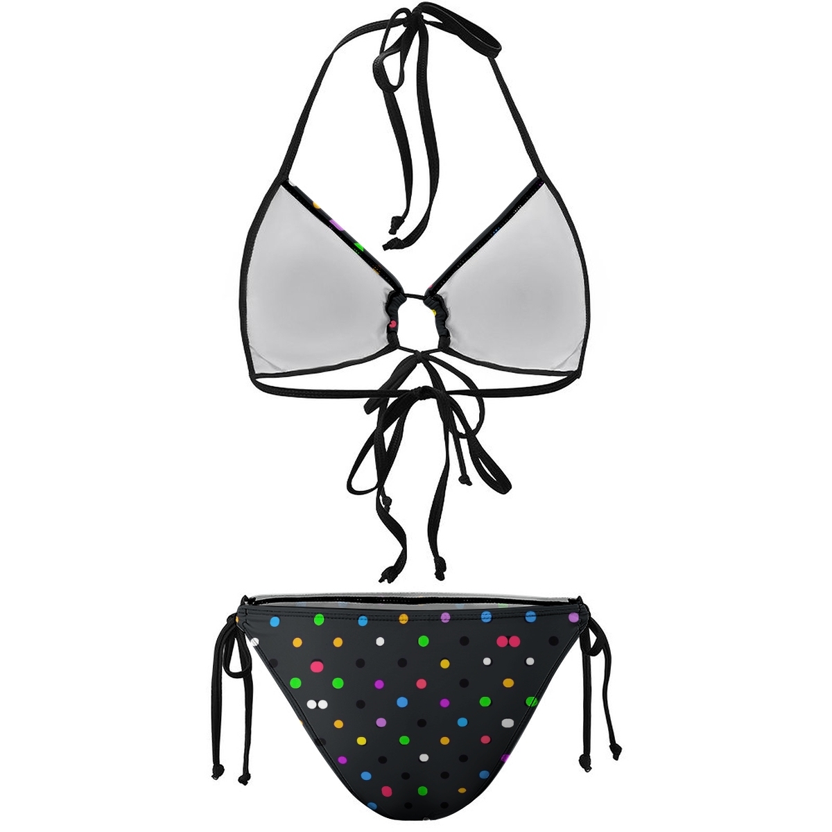 Women's Colorful Polka Dot Bikini Set Black Base with Tie Side Bottoms