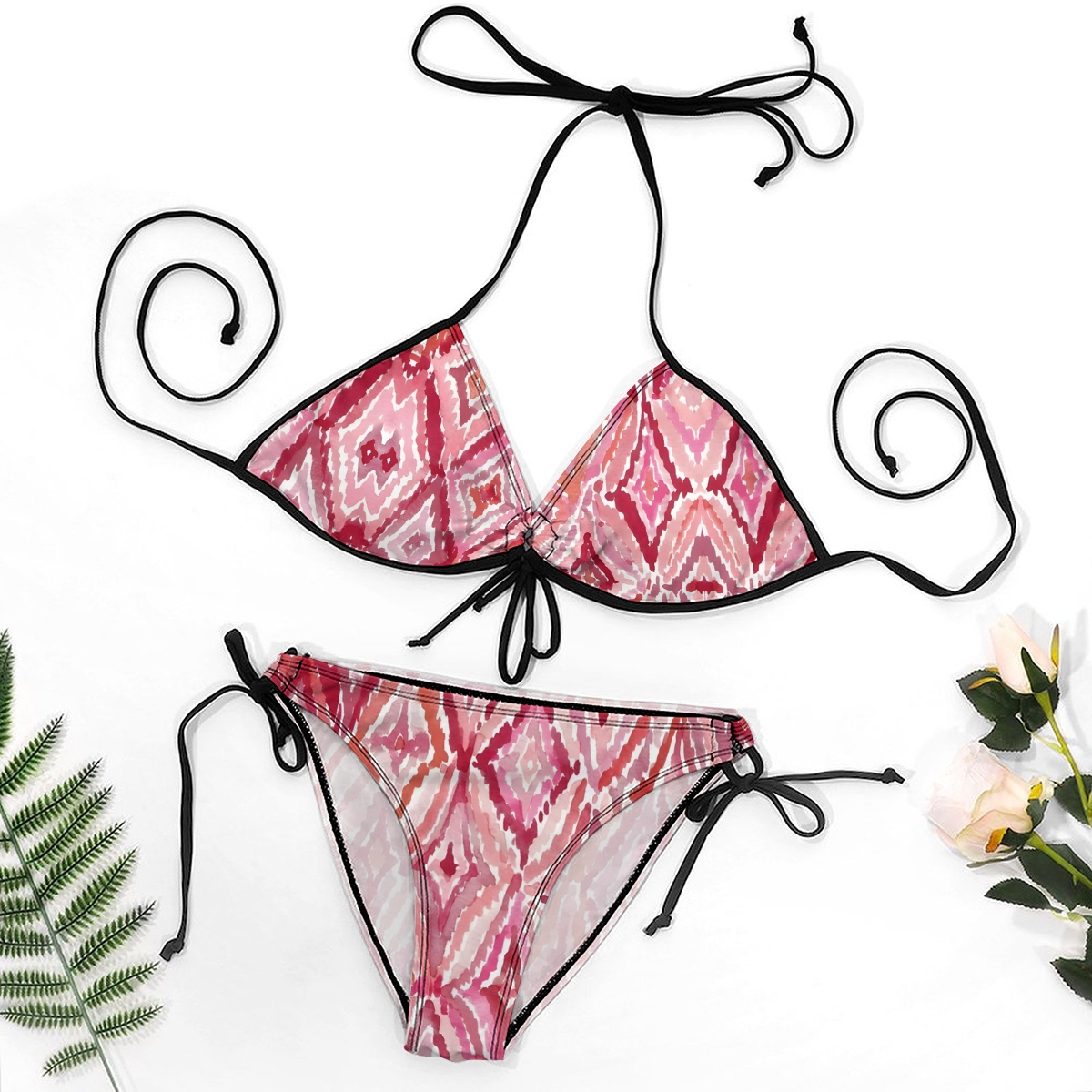 Stylish Bikini Set Multicolor Geometric Design with Black Straps and Adjustable Bottoms