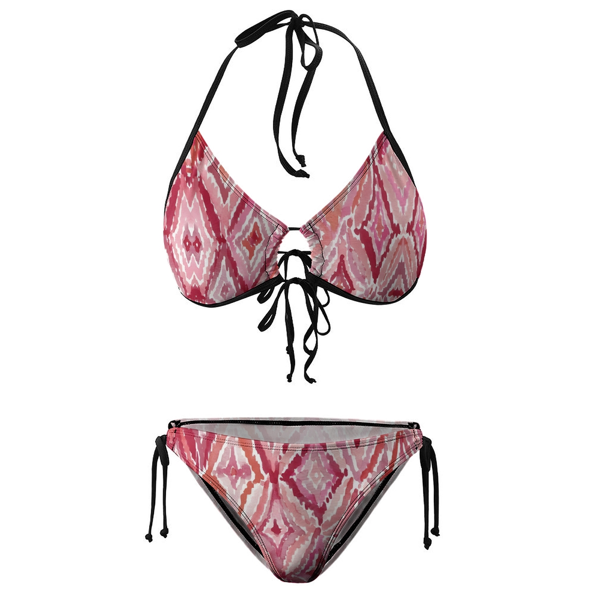 Stylish Bikini Set Multicolor Geometric Design with Black Straps and Adjustable Bottoms