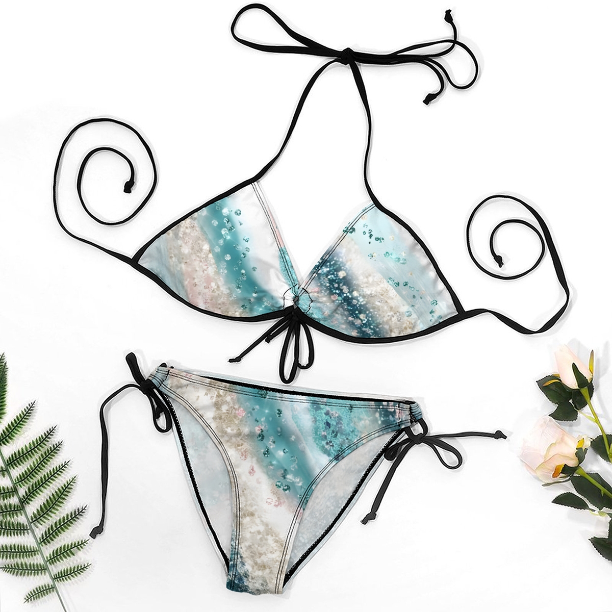 Boho Style Bikini for Women Abstract Tribal Motif with Halter Neck and Tie Details