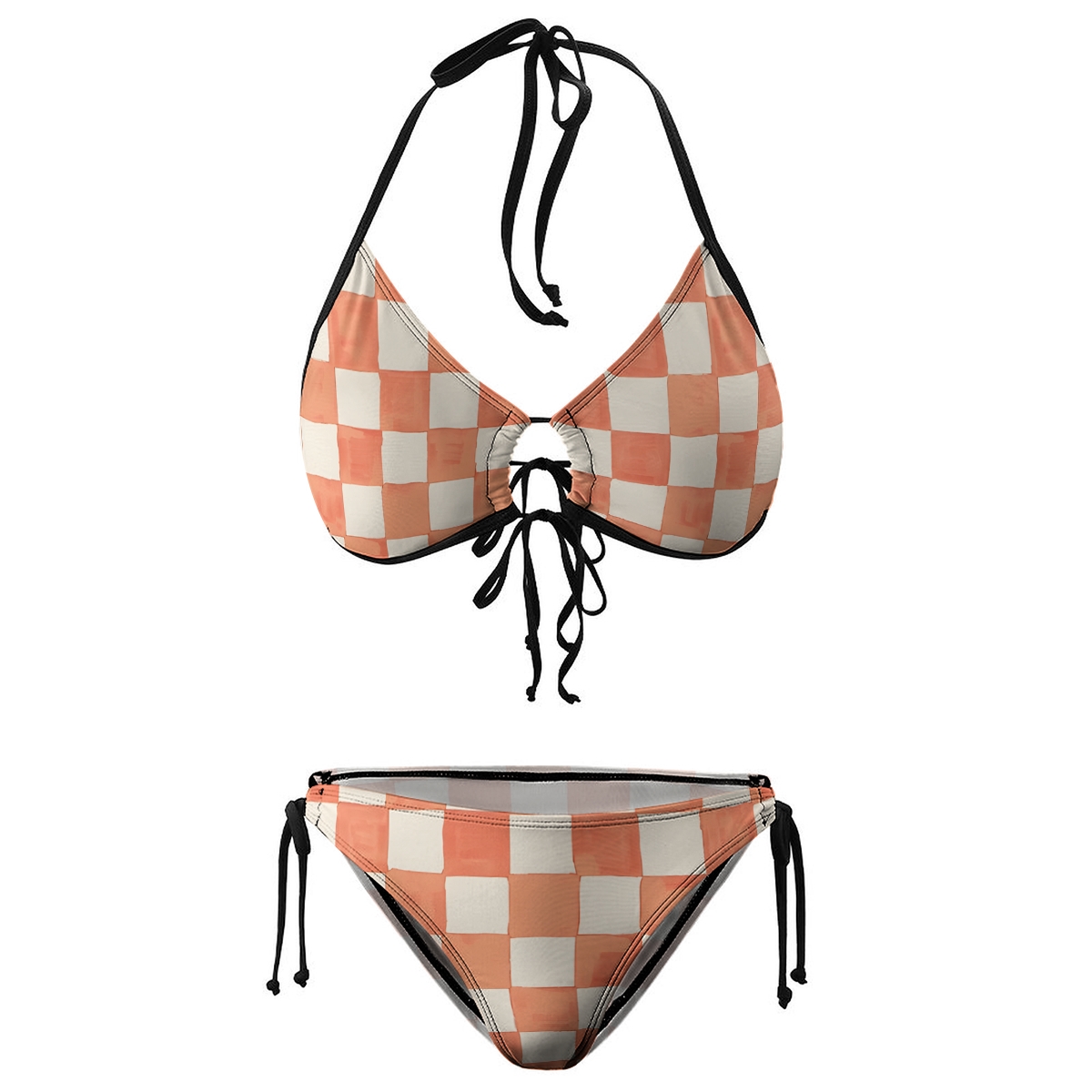 Women's Checkered Bikini Set Beige and Terracotta Squares with Tie Side Bottoms
