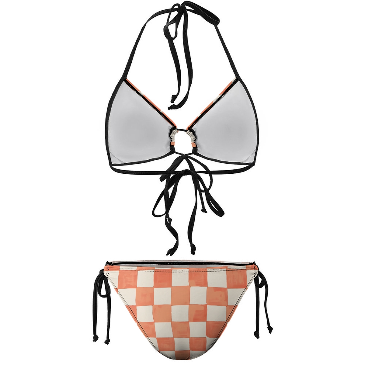 Women's Checkered Bikini Set Beige and Terracotta Squares with Tie Side Bottoms