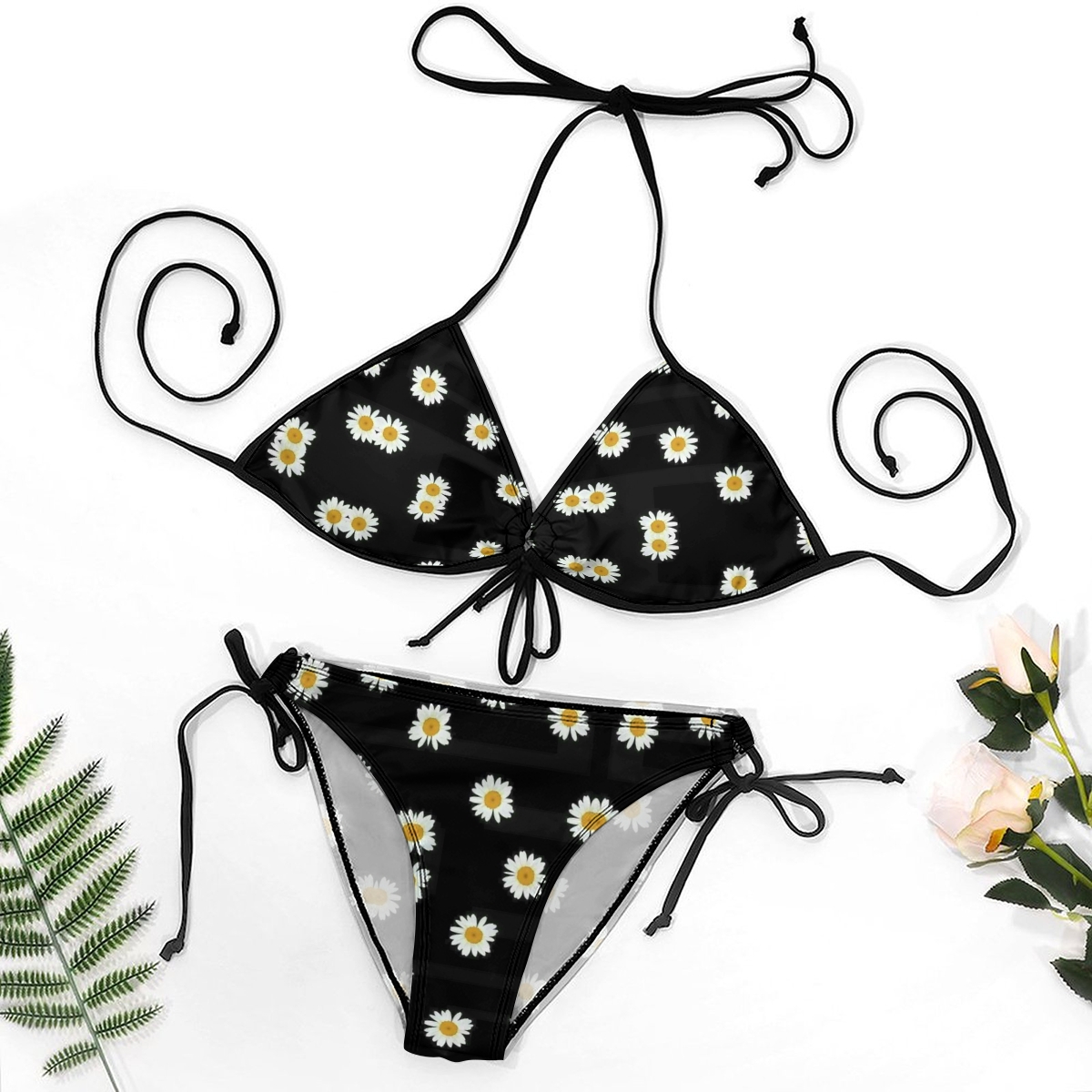 Women's Daisy Print Bikini Set Black Base with White Flowers and Tie Side Bottoms