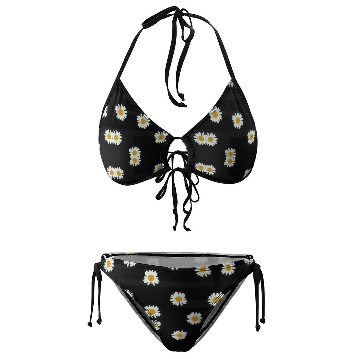 Women's Daisy Print Bikini Set Black Base with White Flowers and Tie Side Bottoms
