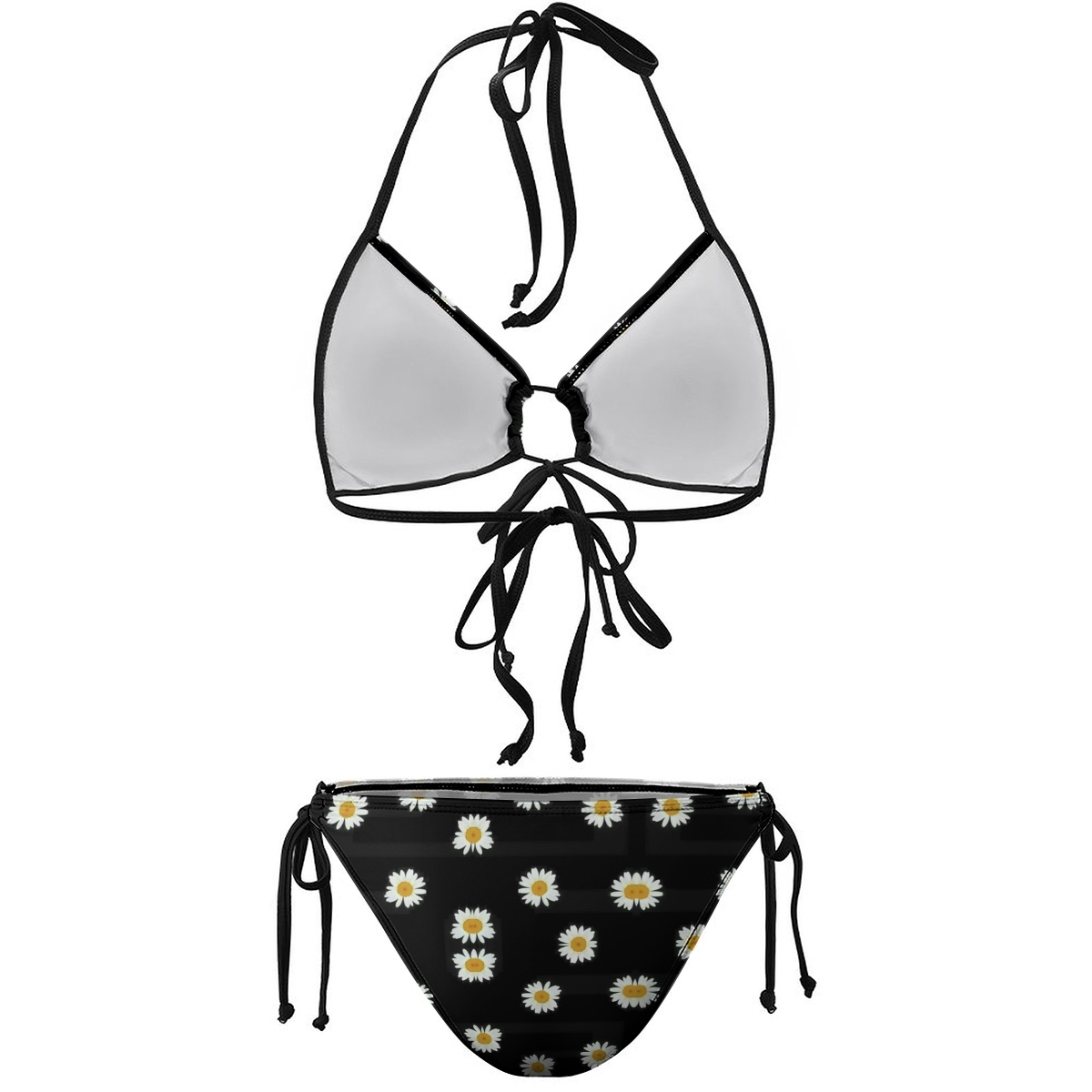 Women's Daisy Print Bikini Set Black Base with White Flowers and Tie Side Bottoms