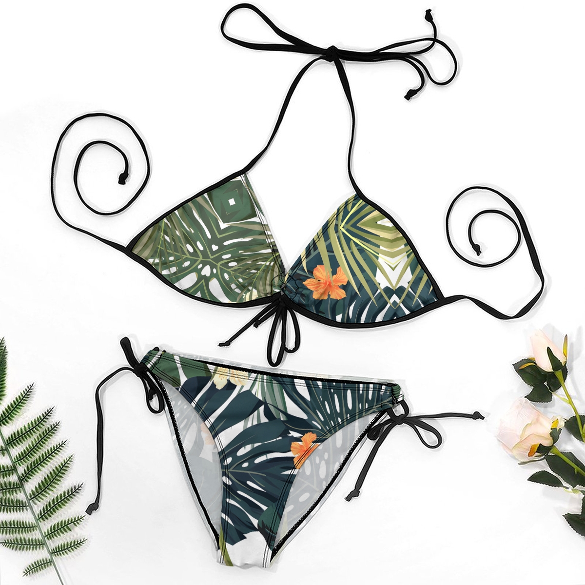Women's Tropical Bikini Set Green Leaf and Orange Flower Print with Tie Side Bottoms