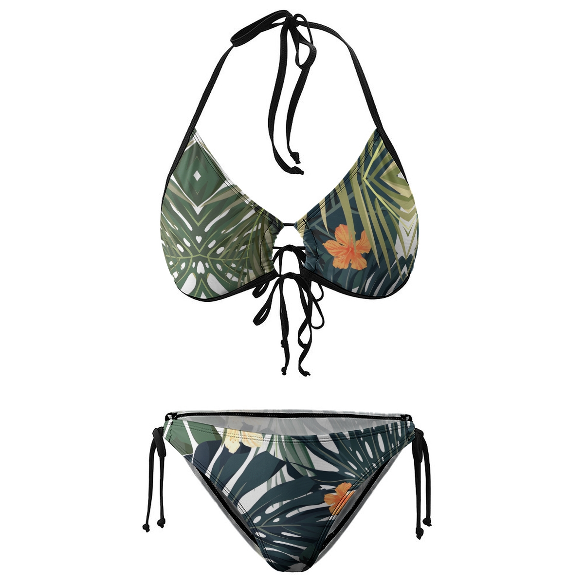 Women's Tropical Bikini Set Green Leaf and Orange Flower Print with Tie Side Bottoms