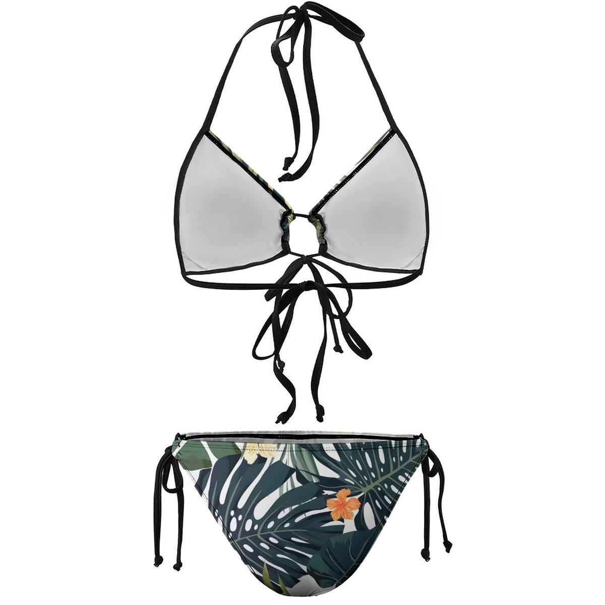 Women's Tropical Bikini Set Green Leaf and Orange Flower Print with Tie Side Bottoms