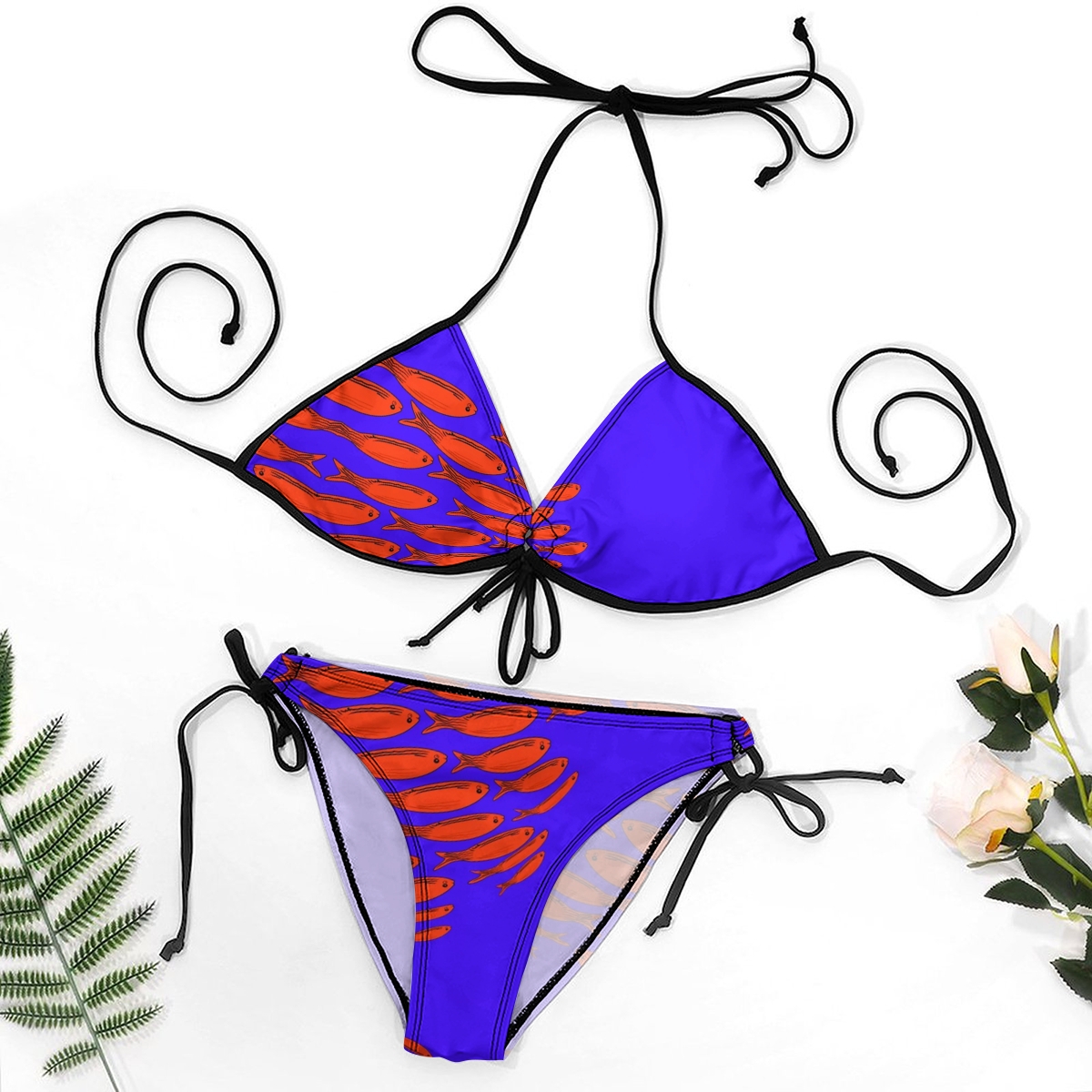 Women's Fish Print Bikini Set Navy Base with Red Motif and Tie Side Bottoms
