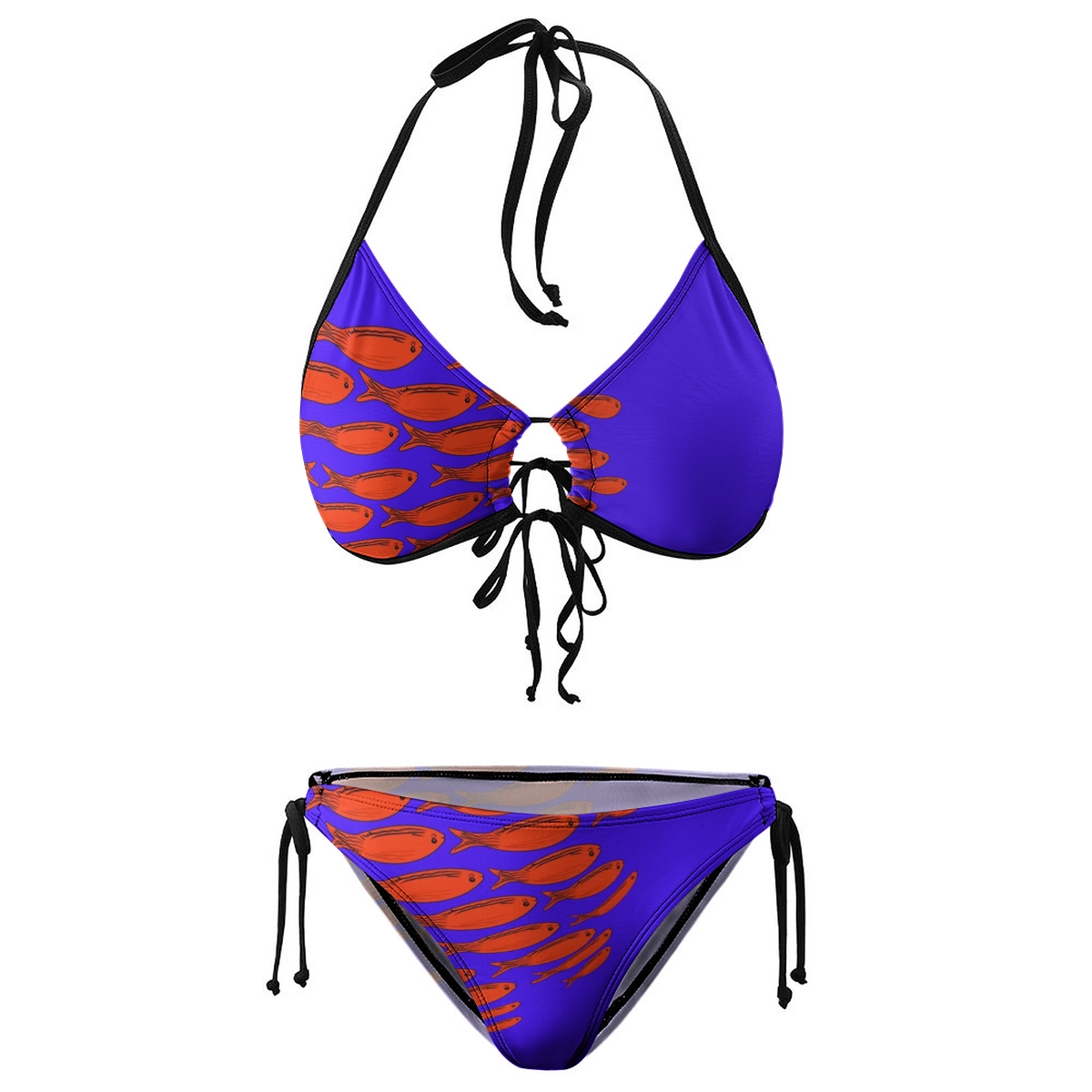 Women's Fish Print Bikini Set Navy Base with Red Motif and Tie Side Bottoms