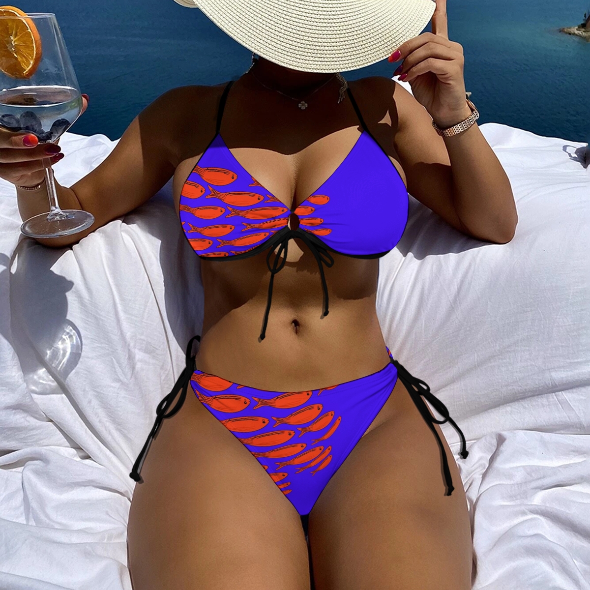 Women's Fish Print Bikini Set Navy Base with Red Motif and Tie Side Bottoms