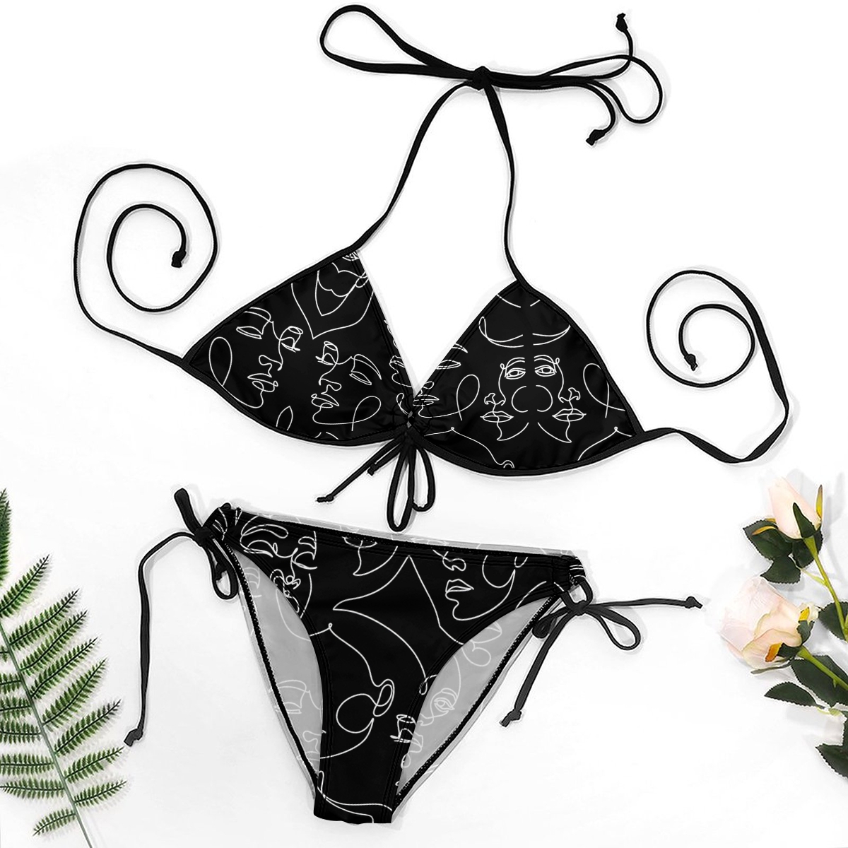 Stylish Bikini Set Contemporary Line Art Pattern with Adjustable Tie Bottoms