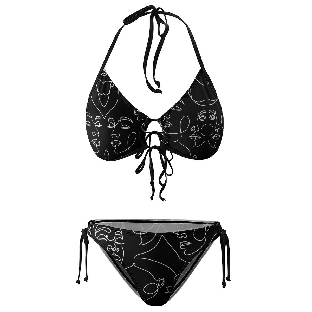 Stylish Bikini Set Contemporary Line Art Pattern with Adjustable Tie Bottoms