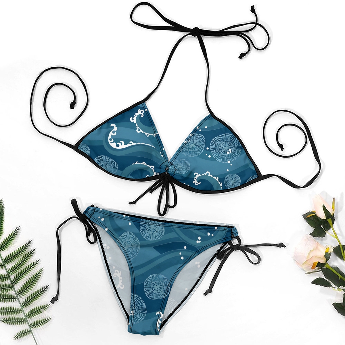 Women's Ocean Print Bikini Set Blue Floral and Wave Pattern with Tie Side Bottoms