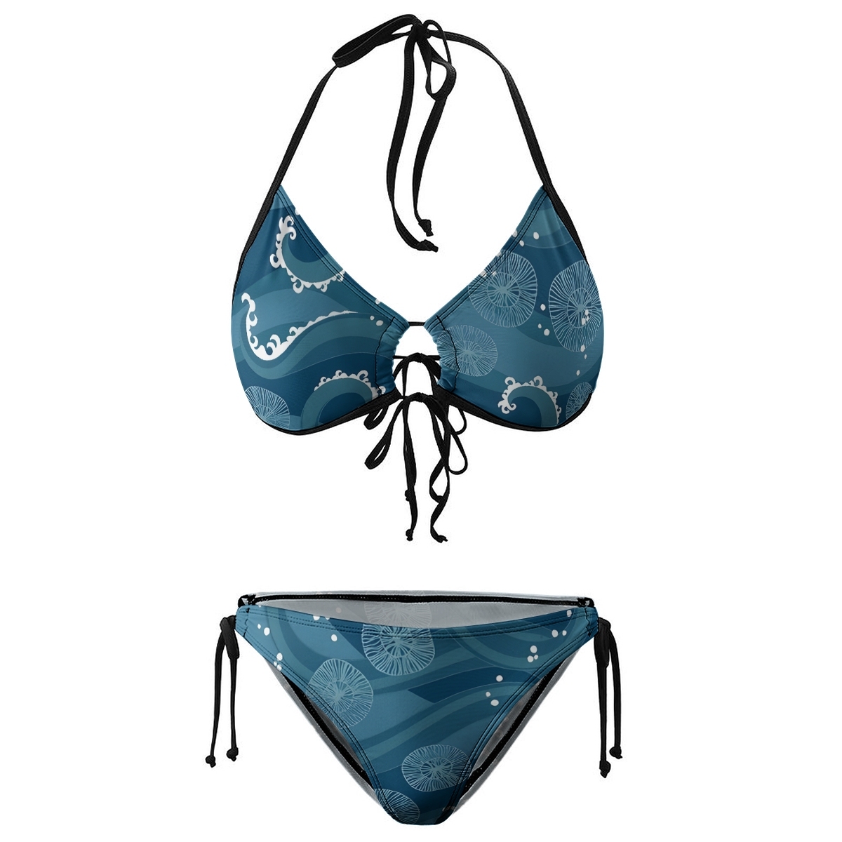 Women's Ocean Print Bikini Set Blue Floral and Wave Pattern with Tie Side Bottoms