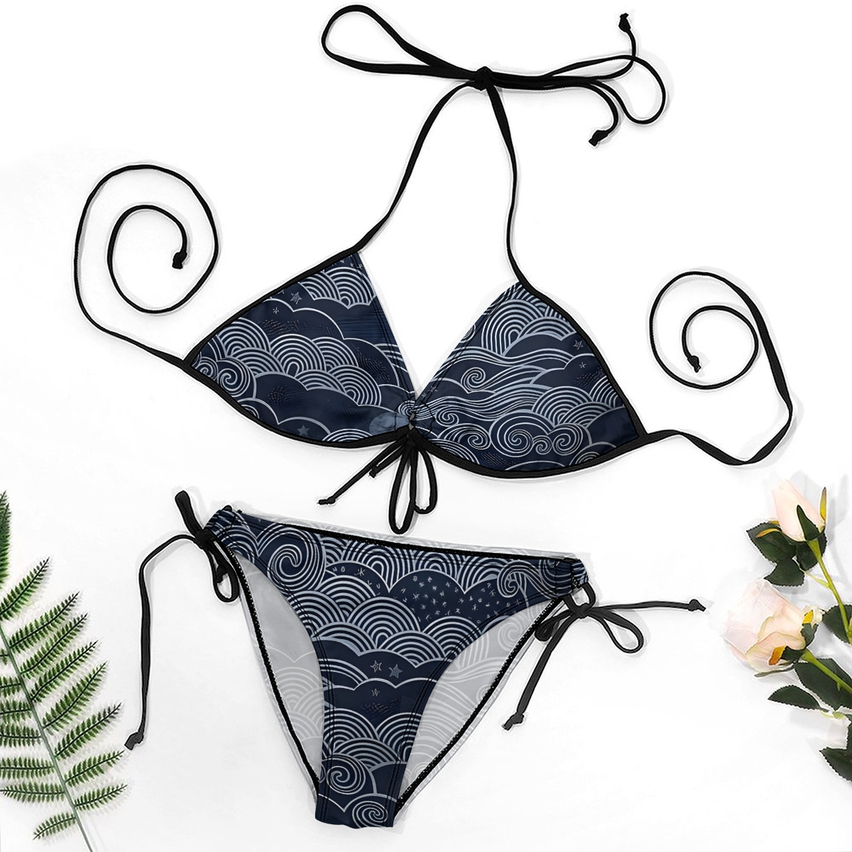 Stylish Bikini Set Ukiyoe Style Wave Pattern with Adjustable Tie Bottoms