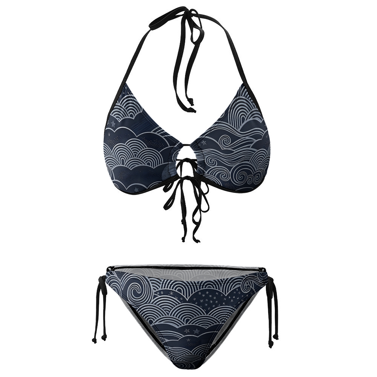 Stylish Bikini Set Ukiyoe Style Wave Pattern with Adjustable Tie Bottoms
