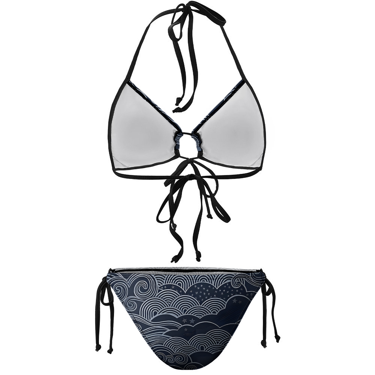 Stylish Bikini Set Ukiyoe Style Wave Pattern with Adjustable Tie Bottoms