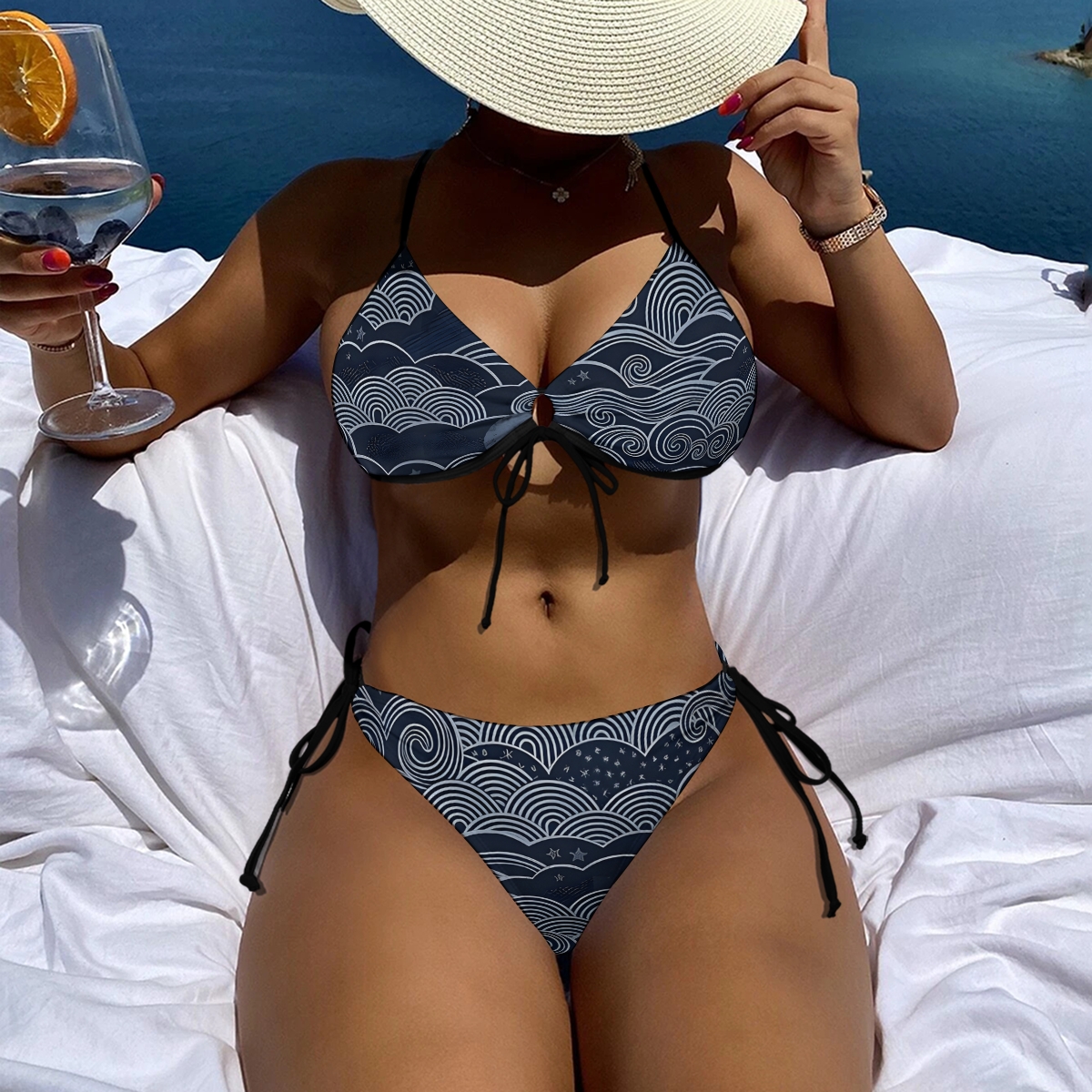 Stylish Bikini Set Ukiyoe Style Wave Pattern with Adjustable Tie Bottoms