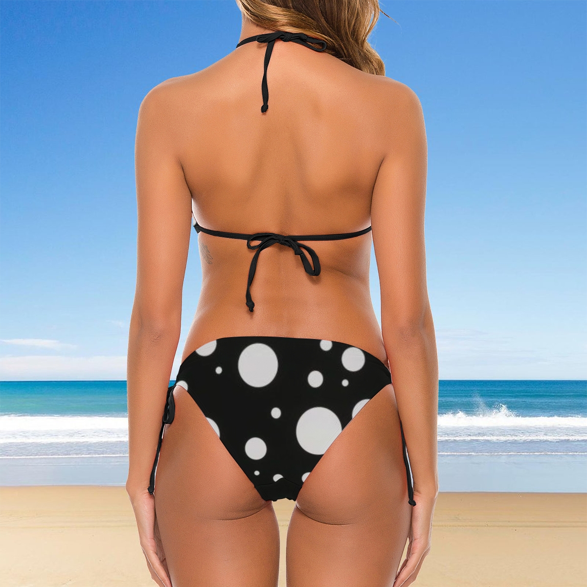 Women's Polka Dot Bikini Set Black and White Print with Tie Side Bottoms