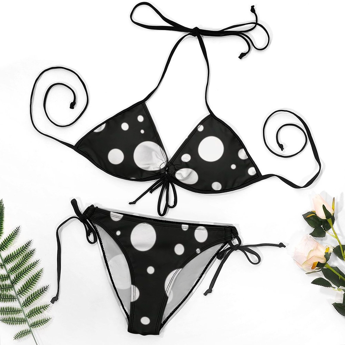 Women's Polka Dot Bikini Set Black and White Print with Tie Side Bottoms