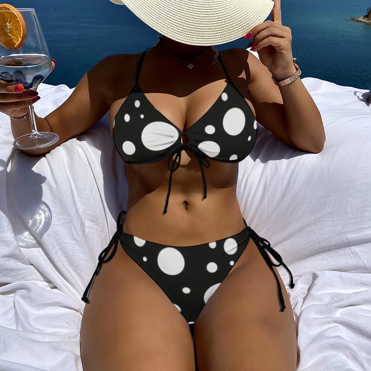 Women's Polka Dot Bikini Set Black and White Print with Tie Side Bottoms