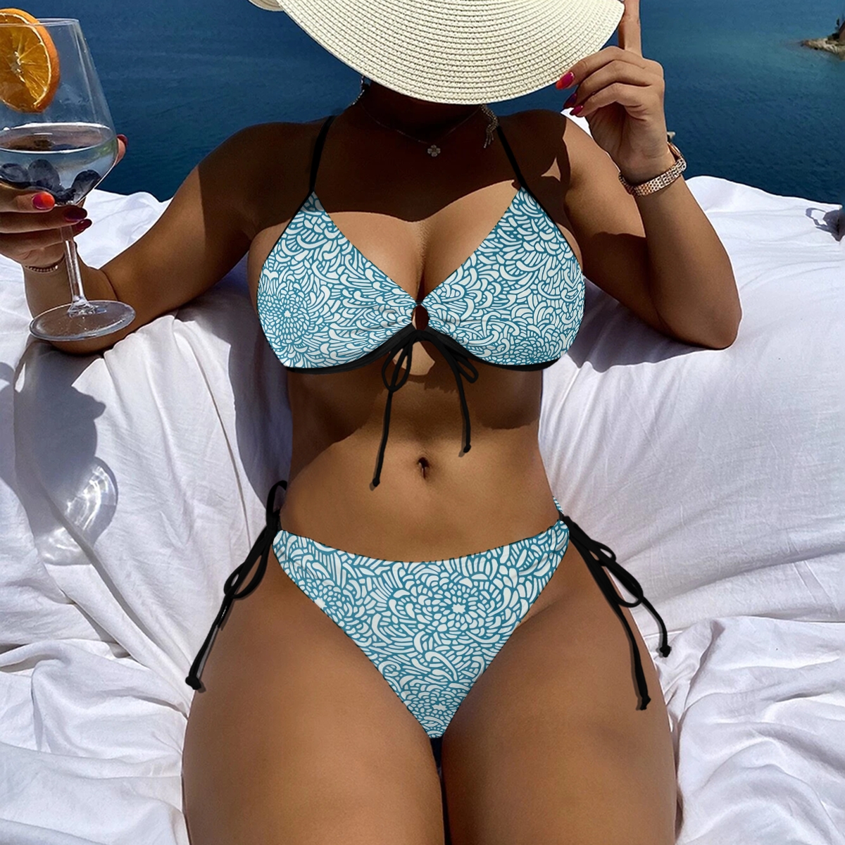 Romantic Bikini for Women Tropical Flower Pattern with Halter Neck and Keyhole Front