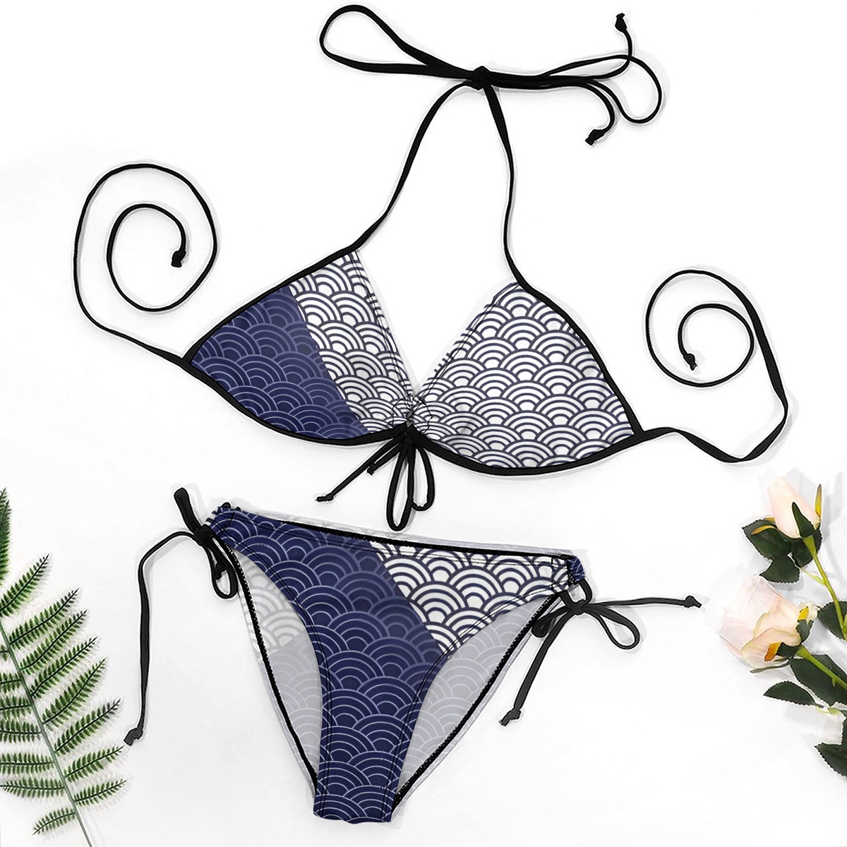 Women's Seigaiha Wave Bikini Set Japanese Inspired Print with Tie Side Bottoms
