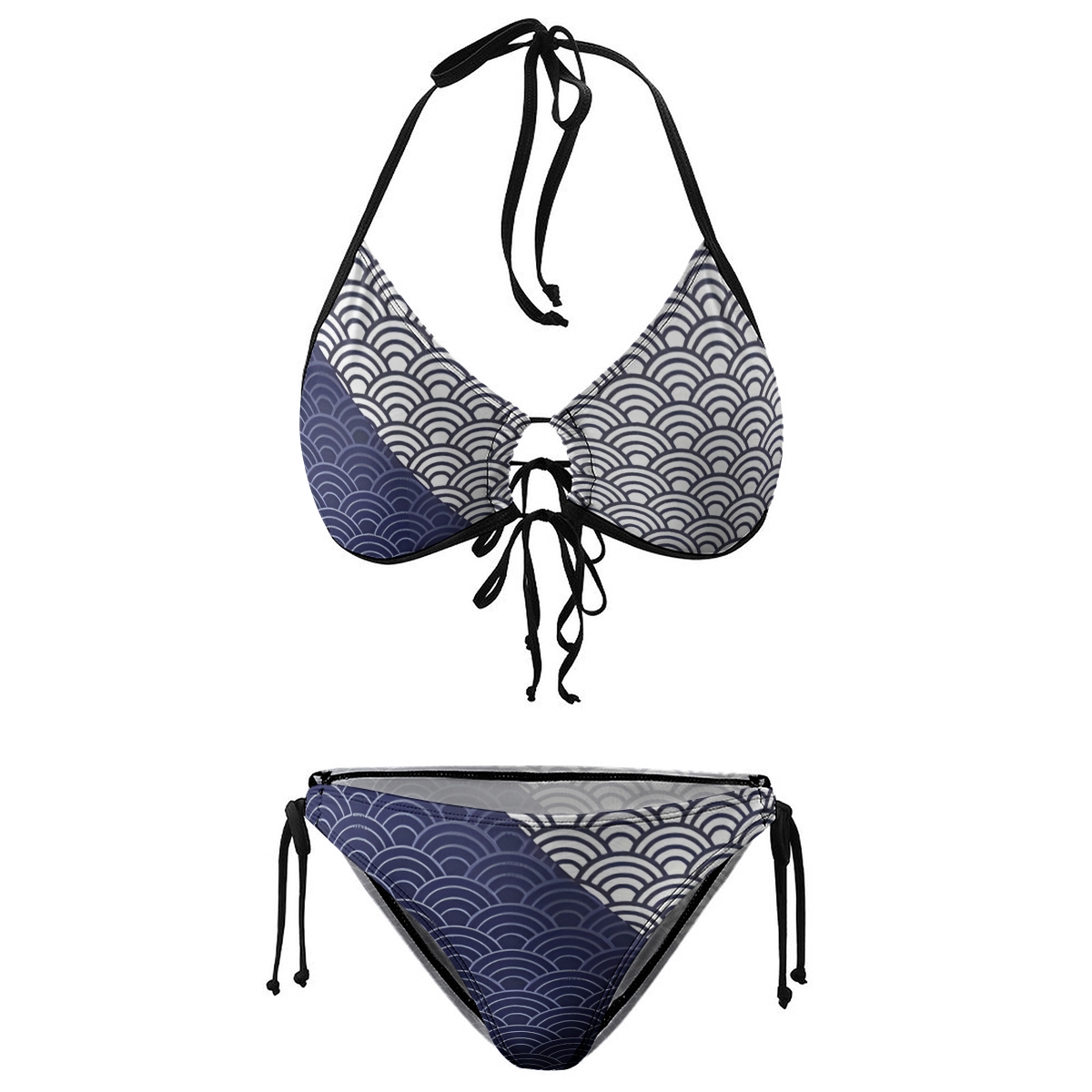 Women's Seigaiha Wave Bikini Set Japanese Inspired Print with Tie Side Bottoms