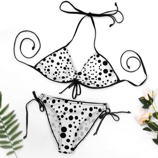 Women's Polka Dot Bikini Set White Base with Black Dots and Tie Side Bottoms