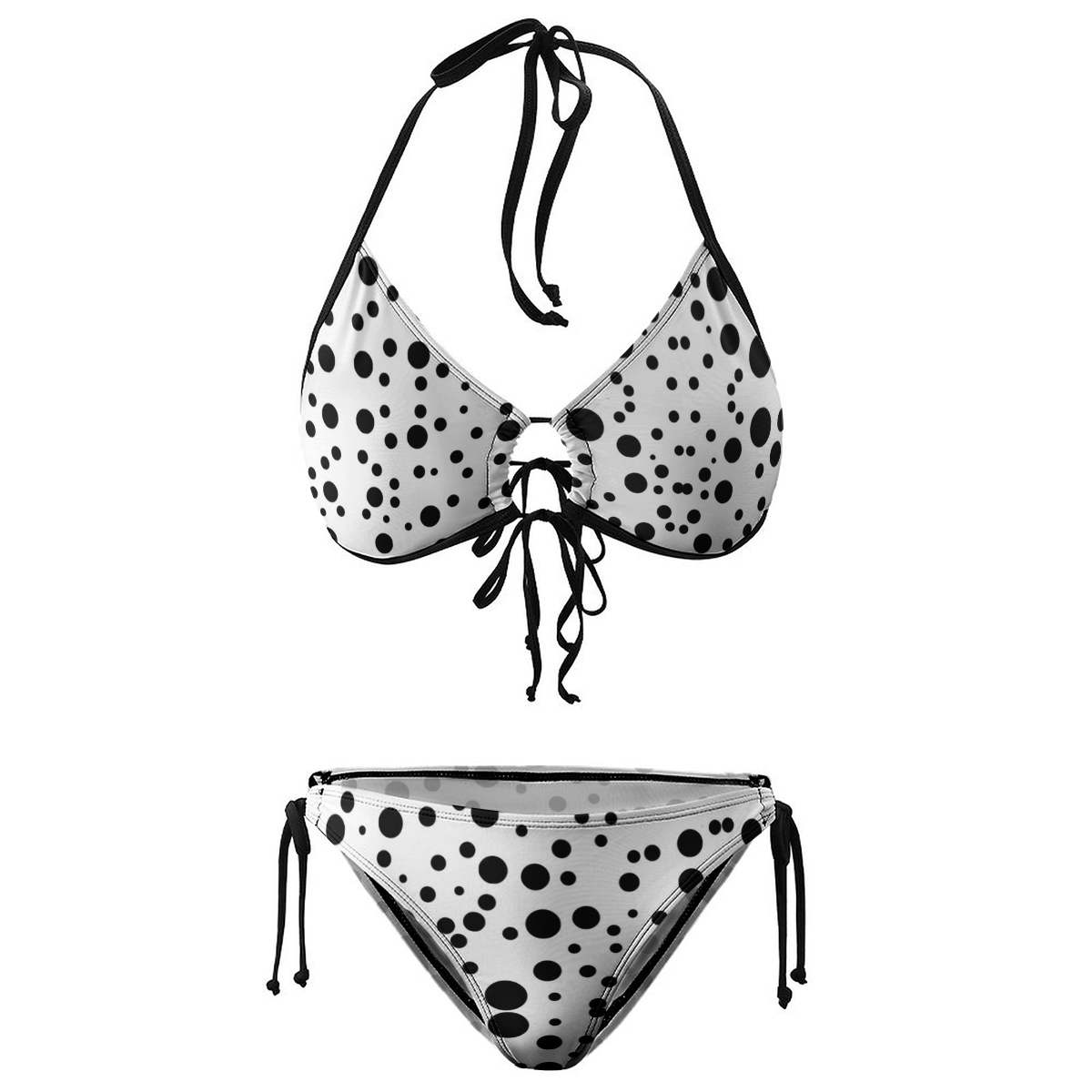 Women's Polka Dot Bikini Set White Base with Black Dots and Tie Side Bottoms