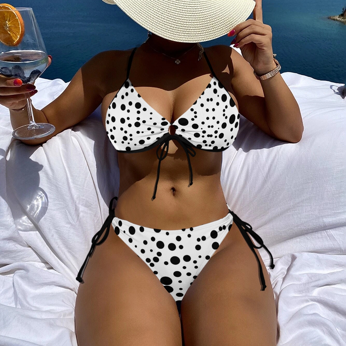 Women's Polka Dot Bikini Set White Base with Black Dots and Tie Side Bottoms