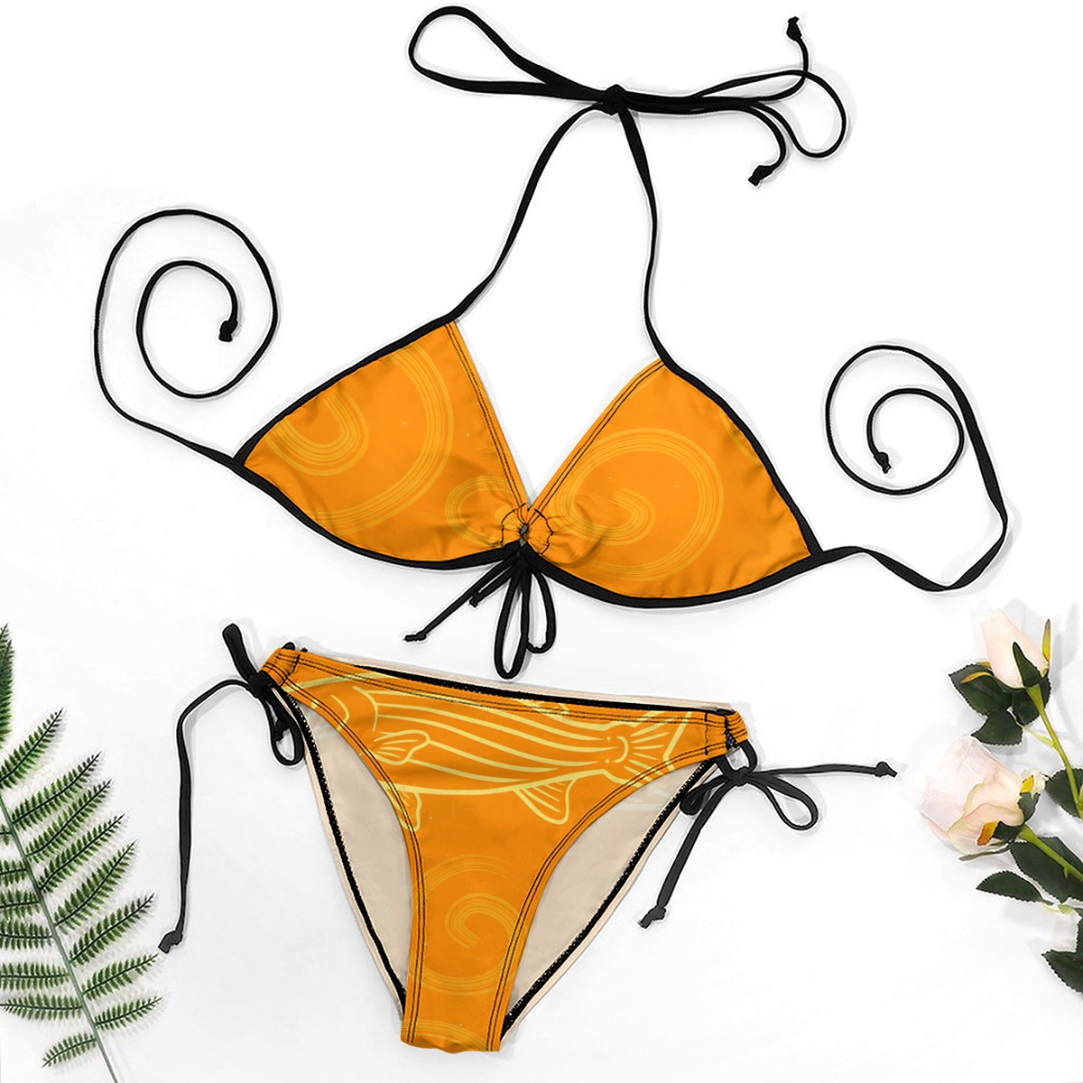 Two Piece Bikini Set for Women Orange Swirl Print with Halter Neck and Side Ties