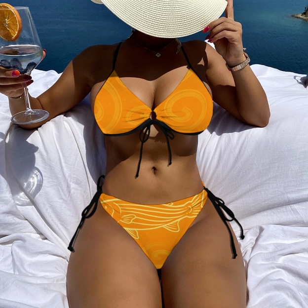 Two Piece Bikini Set for Women Orange Swirl Print with Halter Neck and Side Ties