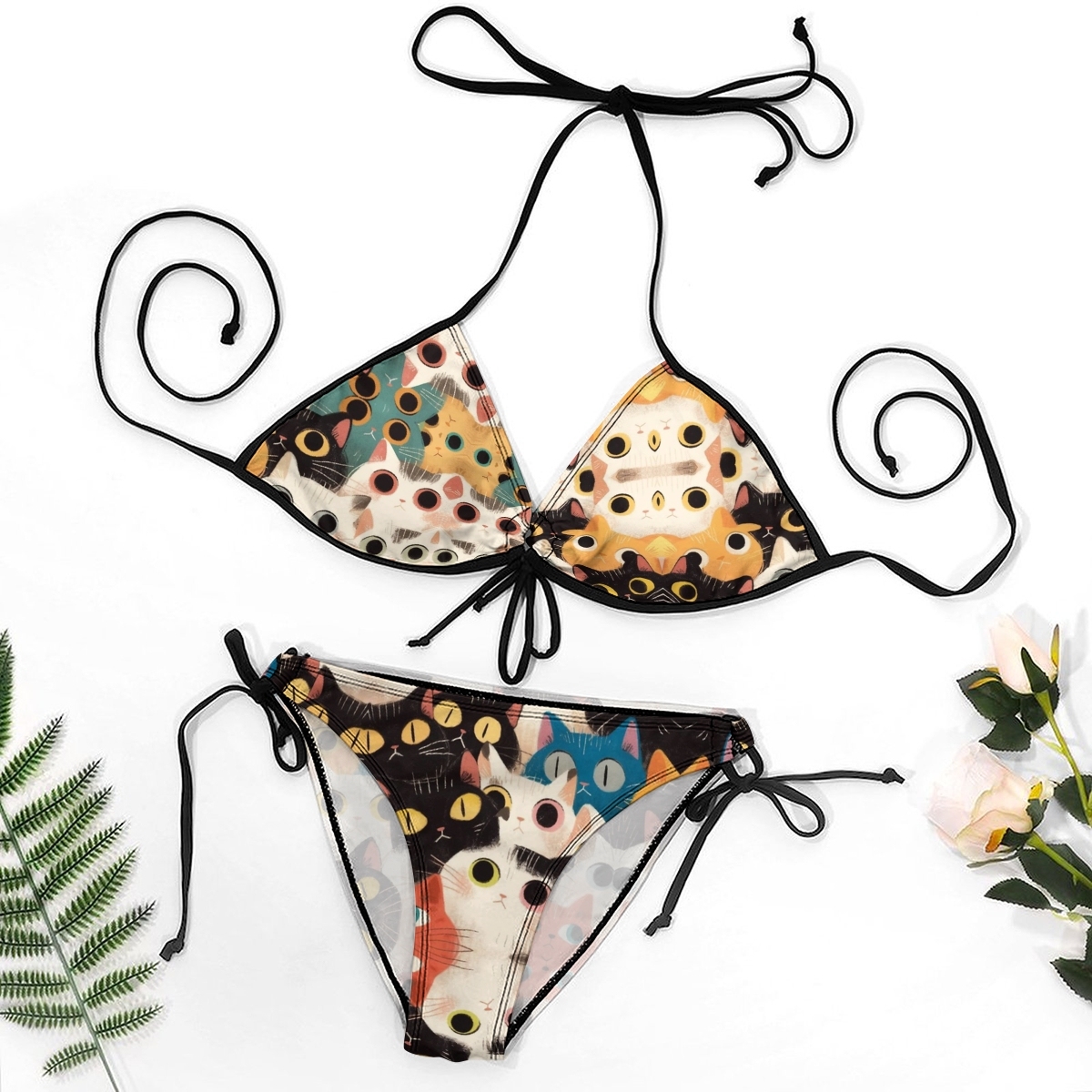 Women's Cat Print Bikini Set Black Base with Colorful Feline Faces and Tie Side Bottoms