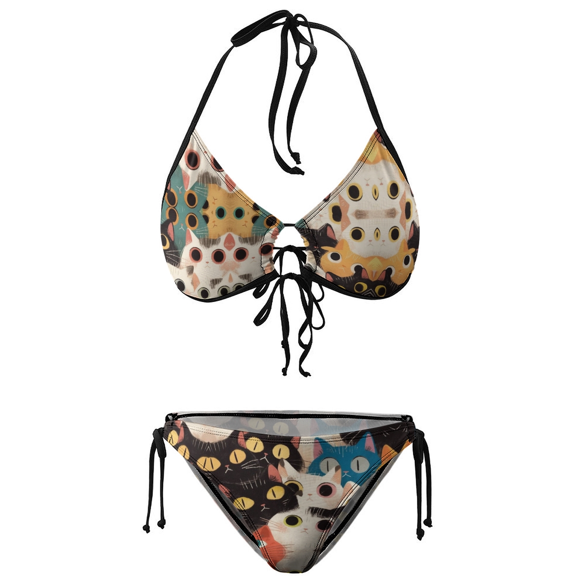Women's Cat Print Bikini Set Black Base with Colorful Feline Faces and Tie Side Bottoms