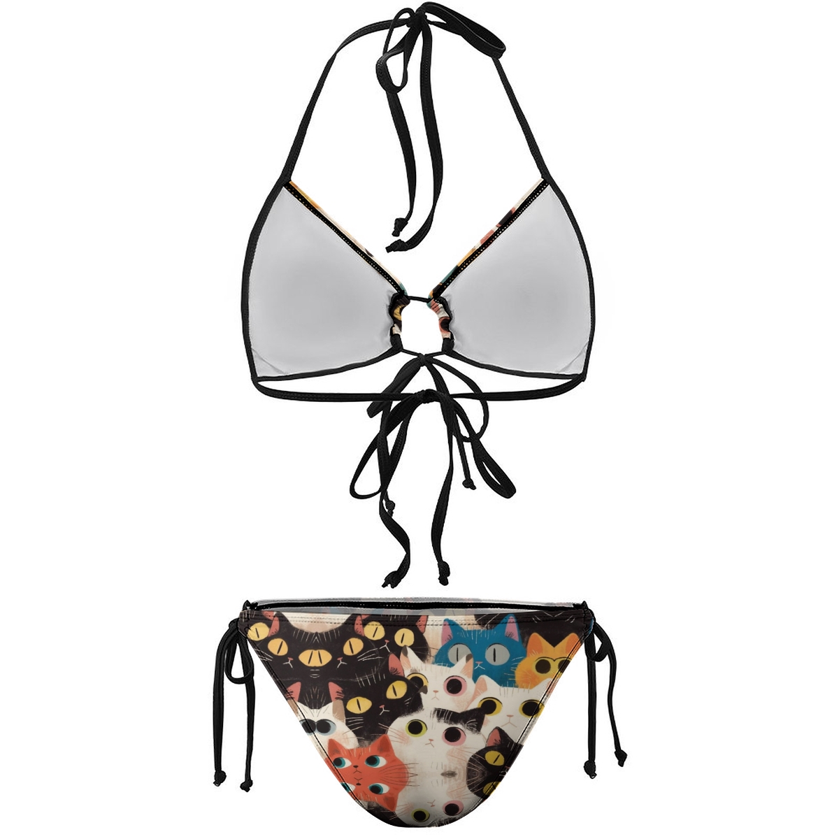 Women's Cat Print Bikini Set Black Base with Colorful Feline Faces and Tie Side Bottoms