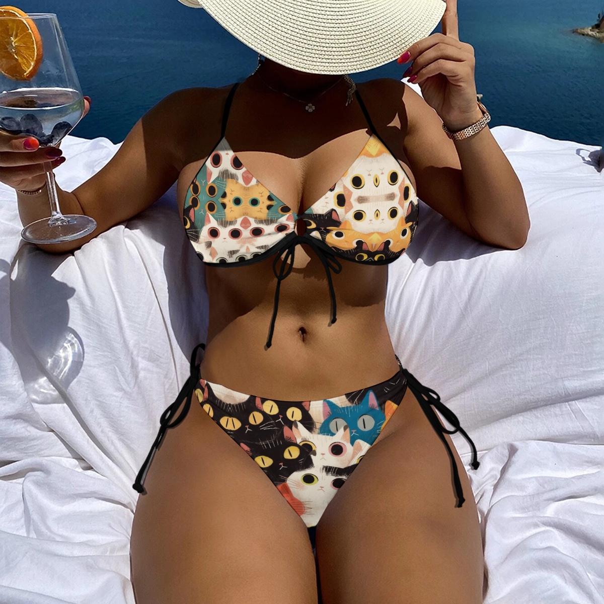 Women's Cat Print Bikini Set Black Base with Colorful Feline Faces and Tie Side Bottoms