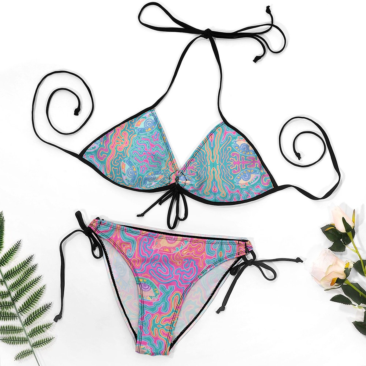 Women's Abstract Bikini Set Colorful Swirl Pattern with Halter Neck and Tie Side Bottoms