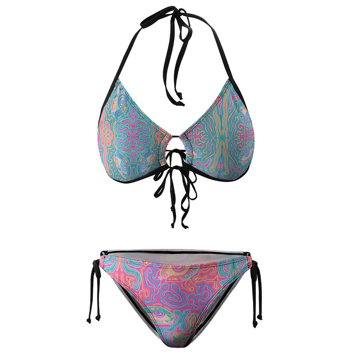 Women's Abstract Bikini Set Colorful Swirl Pattern with Halter Neck and Tie Side Bottoms
