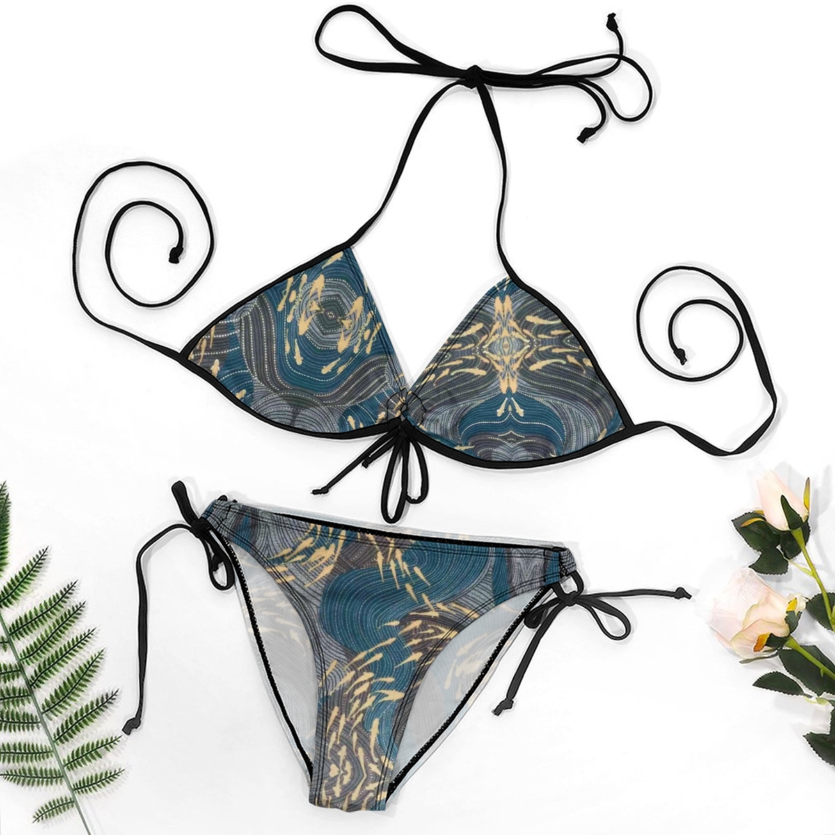 Women's Resort Style Bikini Dark Blue and Gold Design Two Piece Swimwear