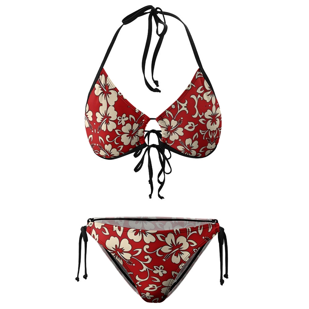 Women's Floral Bikini Set Red Base with White Flower Print and Tie Side Bottoms
