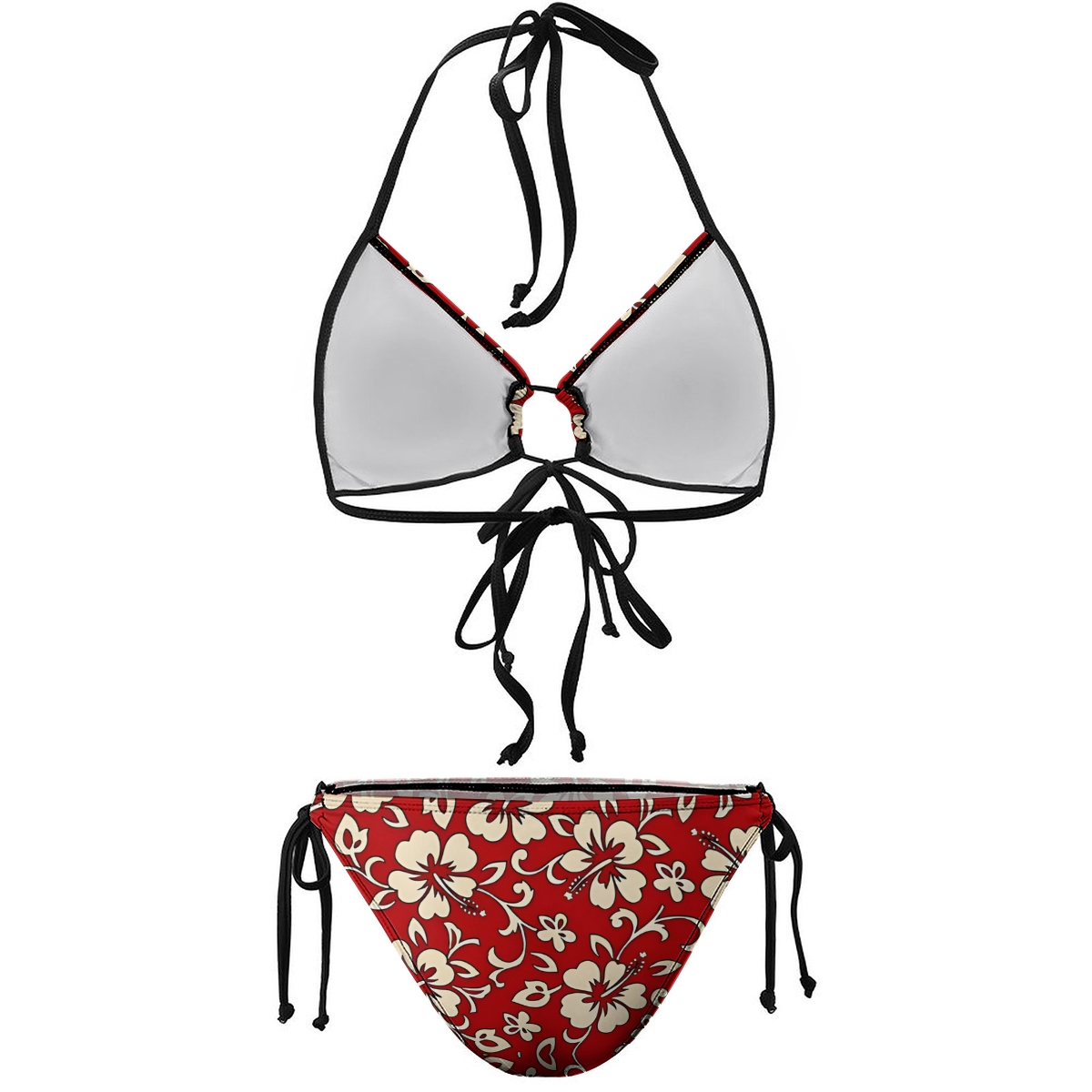 Women's Floral Bikini Set Red Base with White Flower Print and Tie Side Bottoms