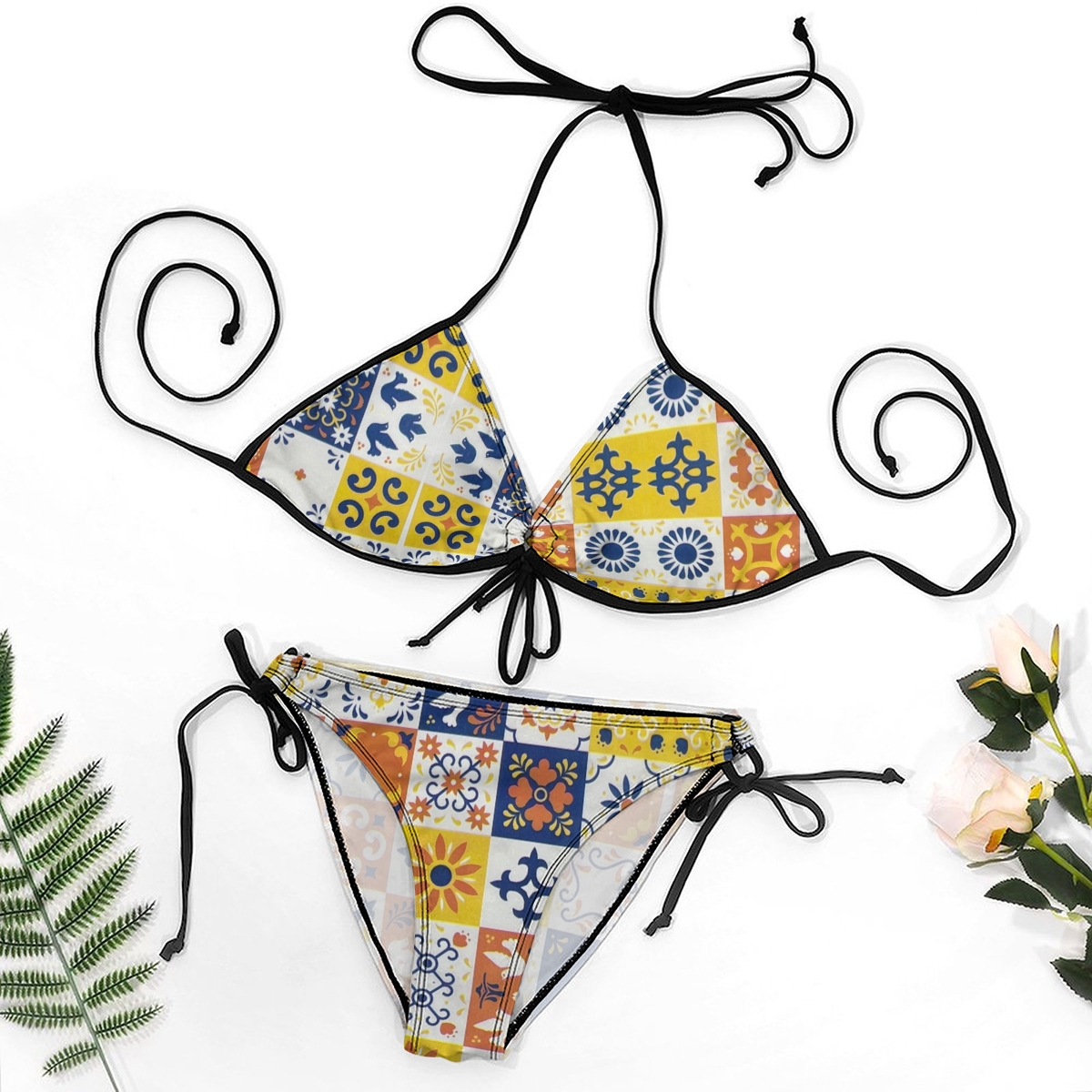 Women's Beach Bikini Artistic Mosaic Print with Mediterranean Colors and Black Trim