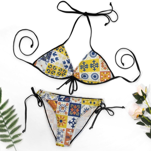 Women's Beach Bikini Artistic Mosaic Print with Mediterranean Colors and Black Trim