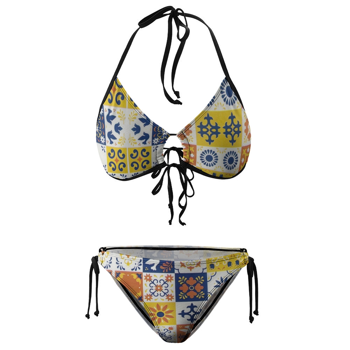Women's Beach Bikini Artistic Mosaic Print with Mediterranean Colors and Black Trim
